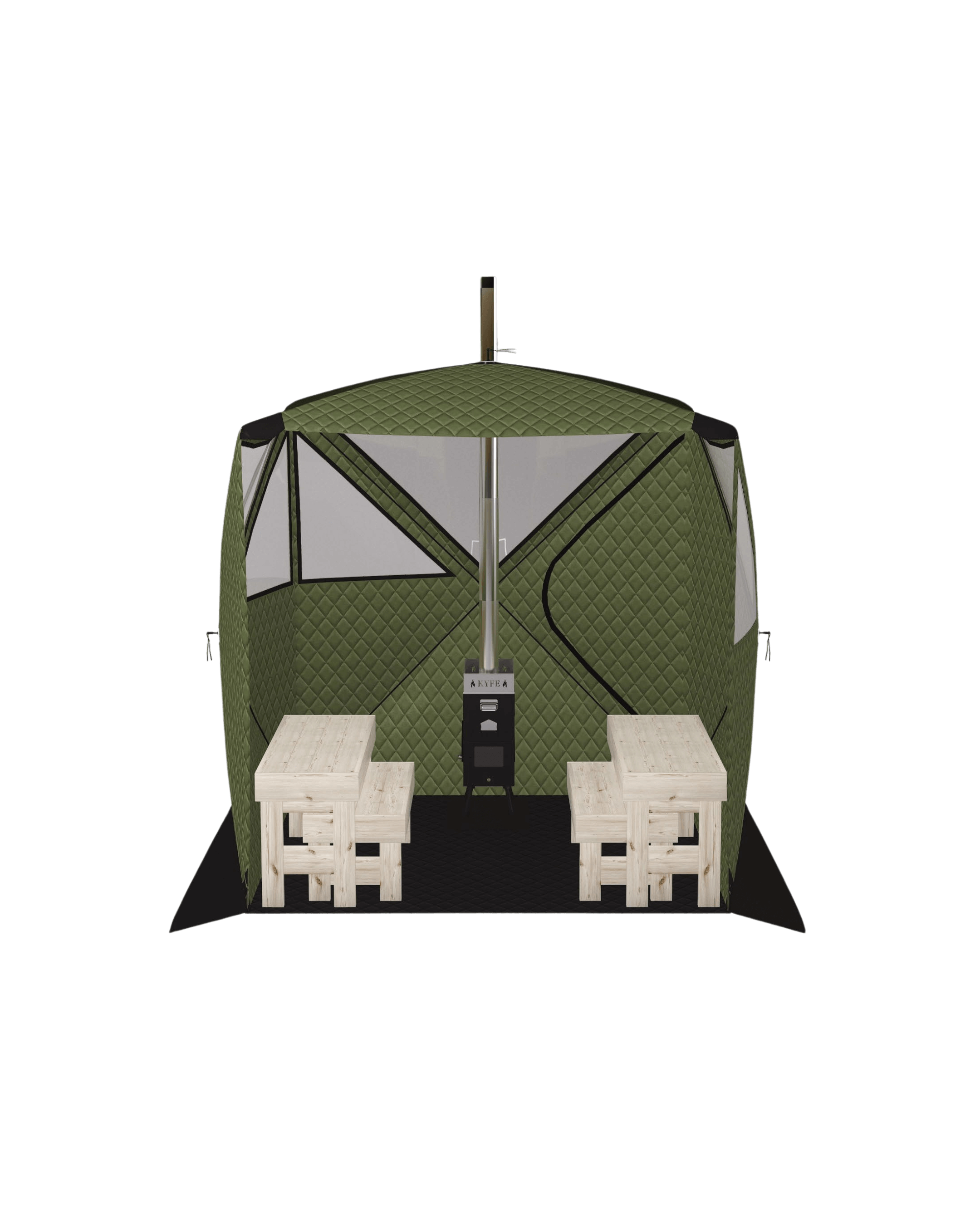 Forest green KYFE portable sauna tent open front view showing wood-burning stove, wooden benches, and quilted insulated walls – outdoor wood-fired sauna kit
