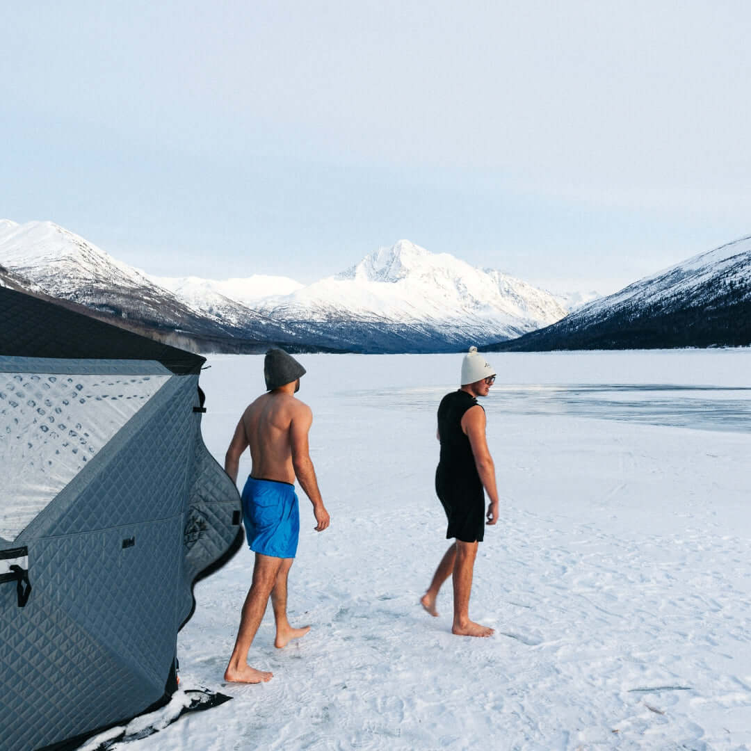 KYFE sauna tent set up in snowy winter backyard