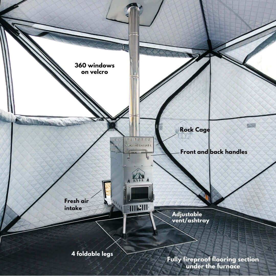 Interior view of KYFE sauna with 360-degree panoramic windows