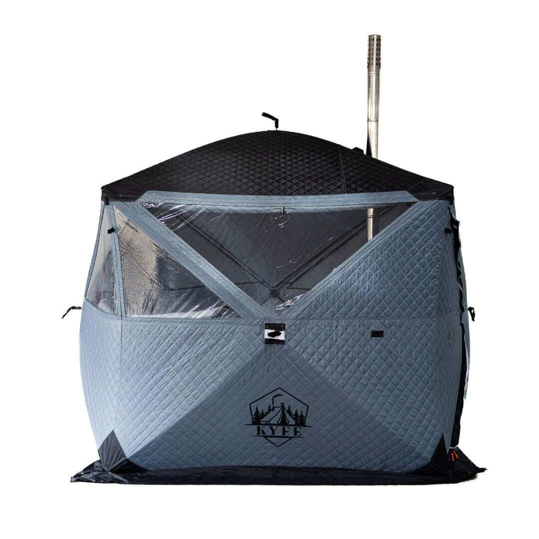 Arctic grey KYFE portable sauna tent on white background – wood-fired outdoor sauna kit