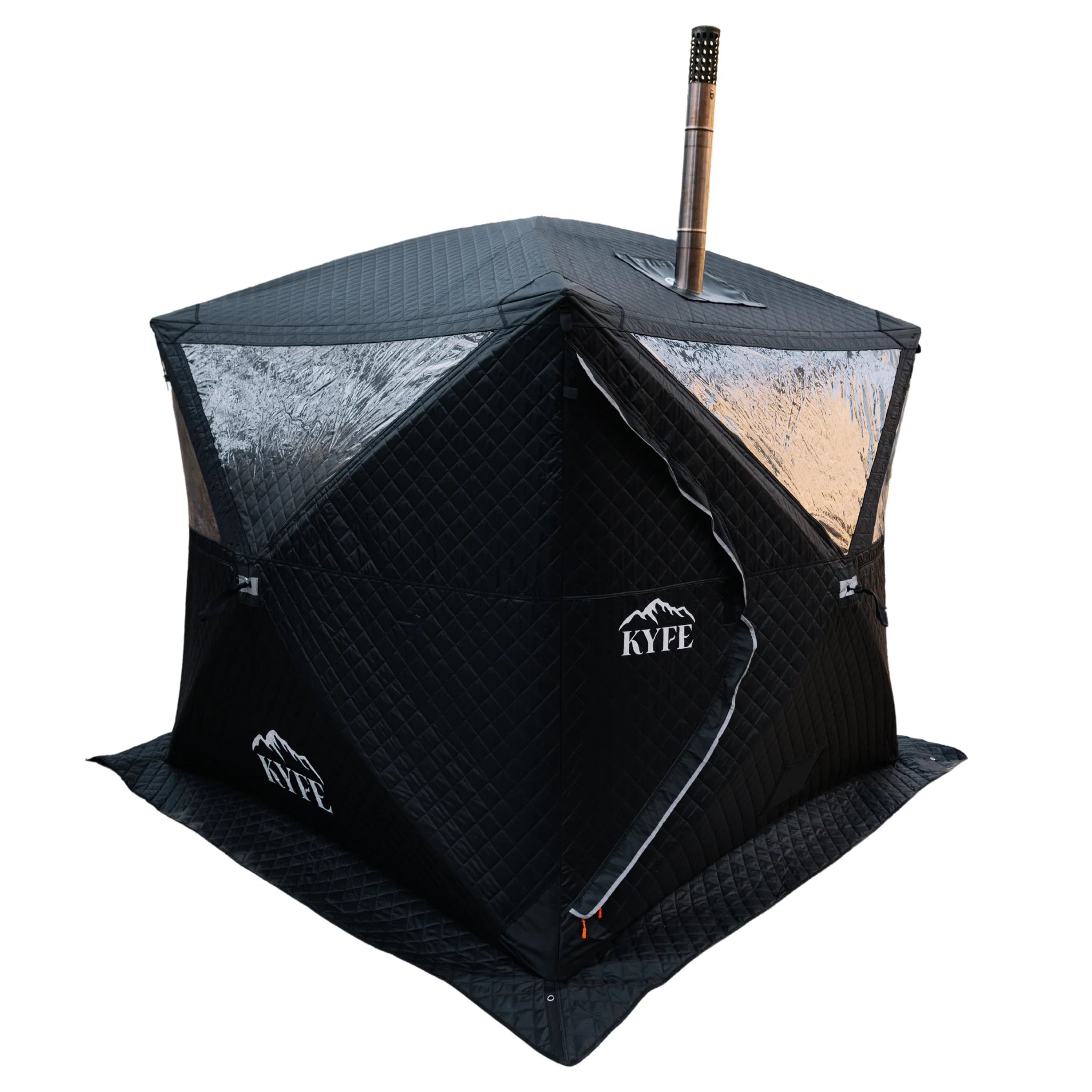 Black limited edition KYFE portable sauna tent on white background with chimney pipe, quilted insulated walls, panoramic windows, and integrated floor skirt – outdoor wood-fired sauna kit