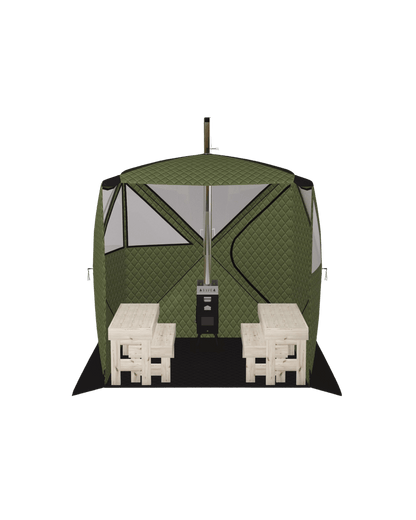 Forest green KYFE portable sauna tent open front view showing wood-burning stove, wooden benches, and quilted insulated walls – outdoor wood-fired sauna kit