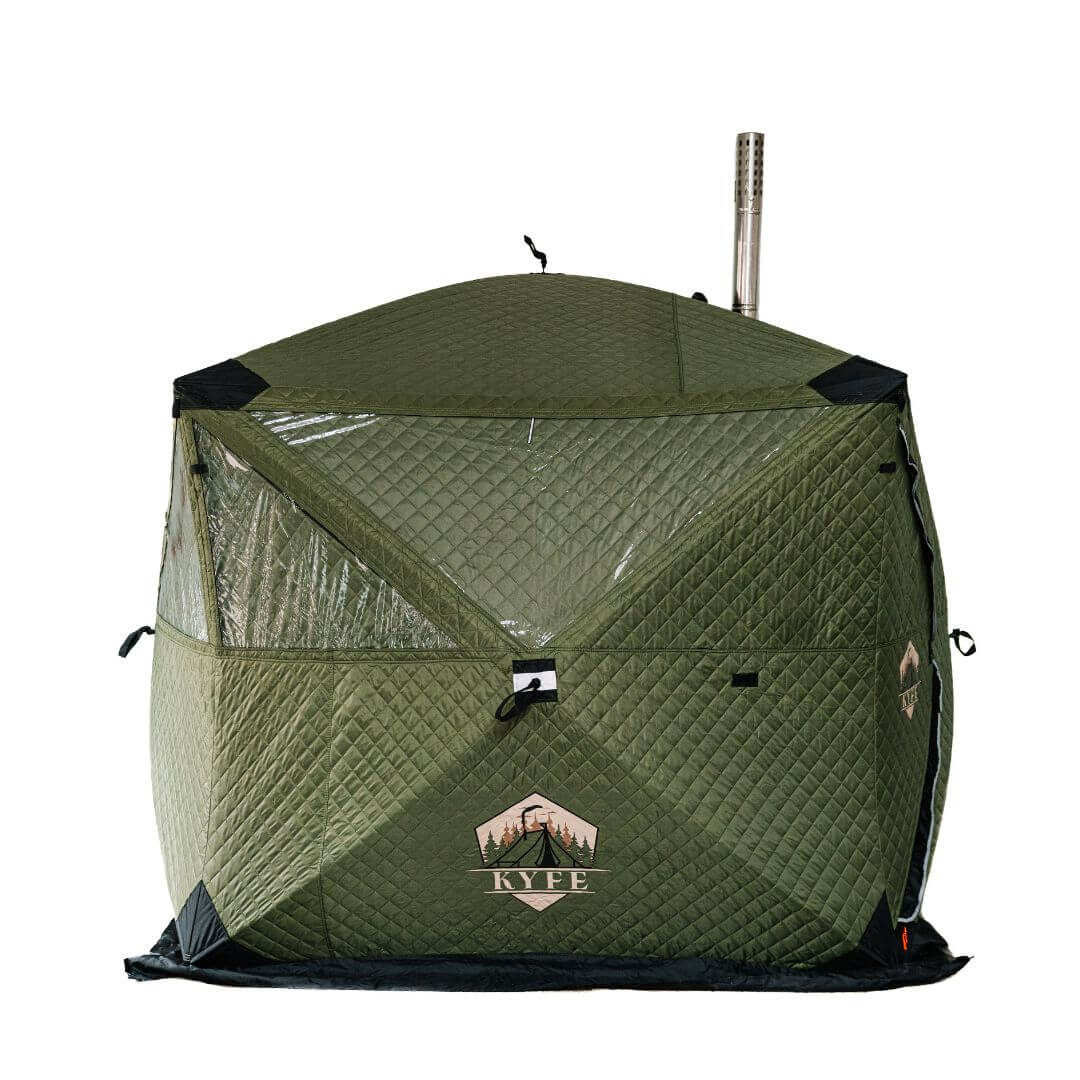 Forest green KYFE portable sauna tent on white background – wood-fired outdoor sauna kit