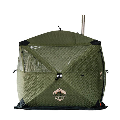 Forest green KYFE portable sauna tent on white background – wood-fired outdoor sauna kit