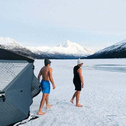 KYFE sauna tent set up in snowy winter backyard