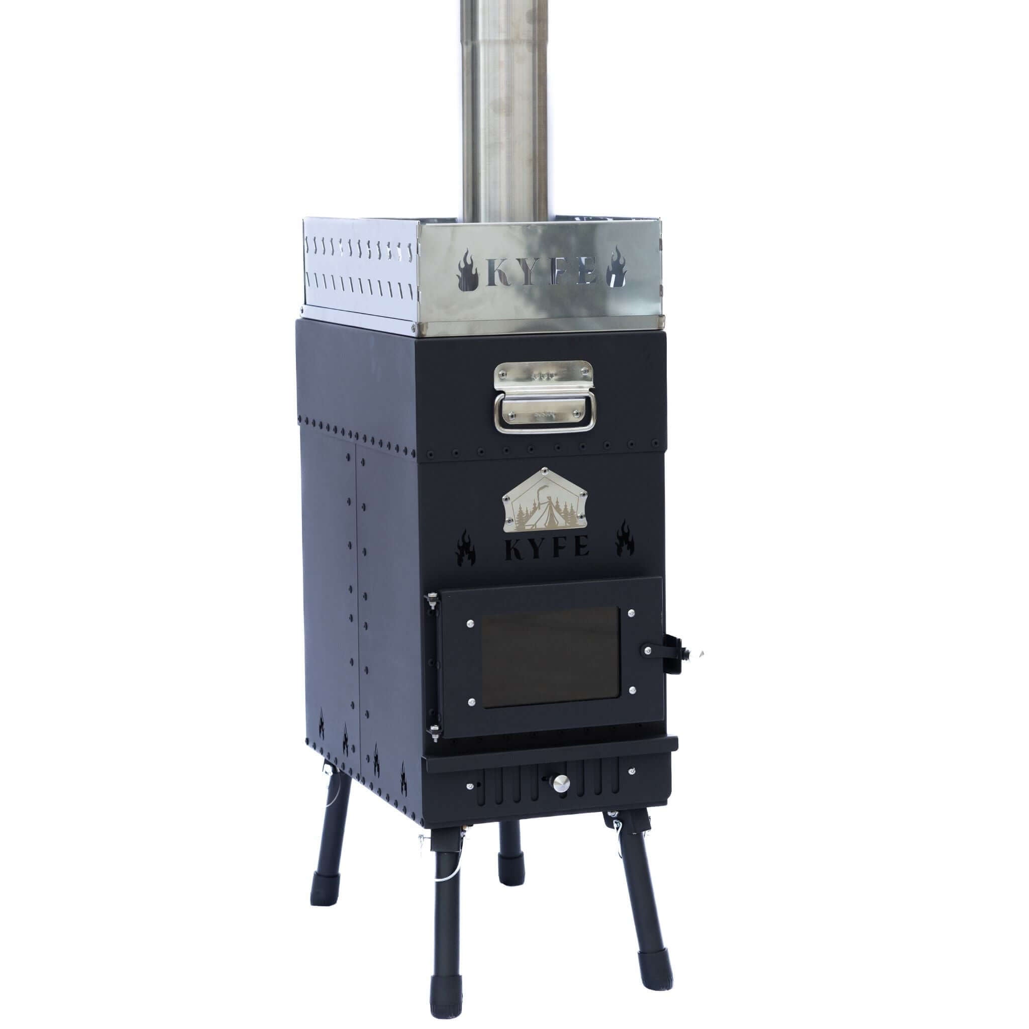 KYFE portable sauna wood-burning stove with stainless steel chimney pipe, glass fire door, folding legs, and rock basket top – portable sauna furnace for outdoor wood-fired sauna tent