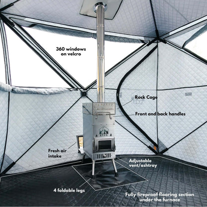 Interior view of KYFE sauna with 360-degree panoramic windows