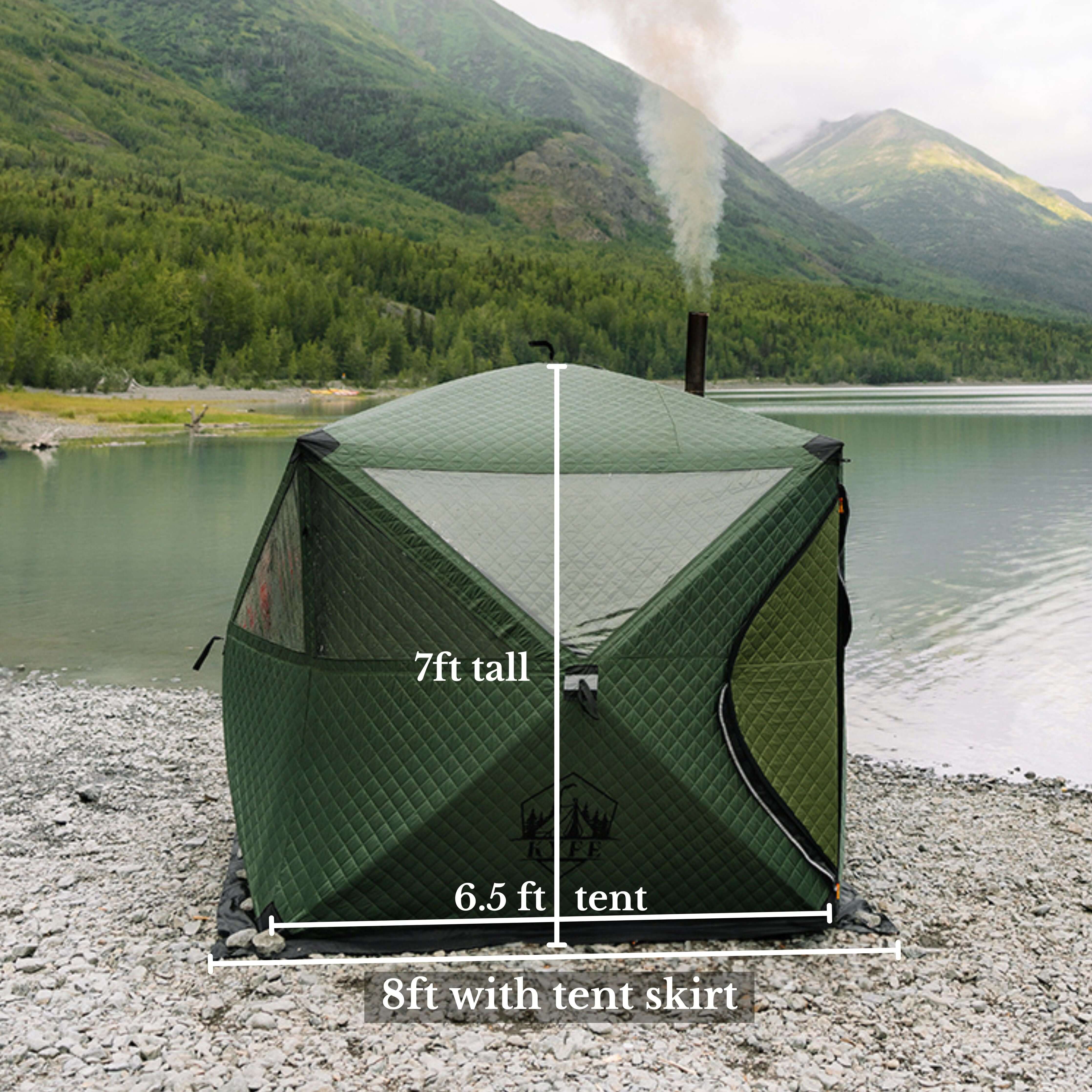 KYFE portable sauna tent beside a lake at sunset